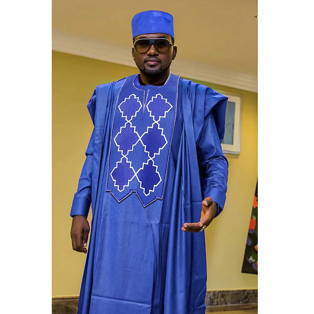 Top Trends: H&amp;D African Clothes For Men Tradition Embroidery 3 Pcs Set Nigeria Bazin Suit Blue Shirt Pants Coat Robe Wedding Party Occasion Shoppable Styles