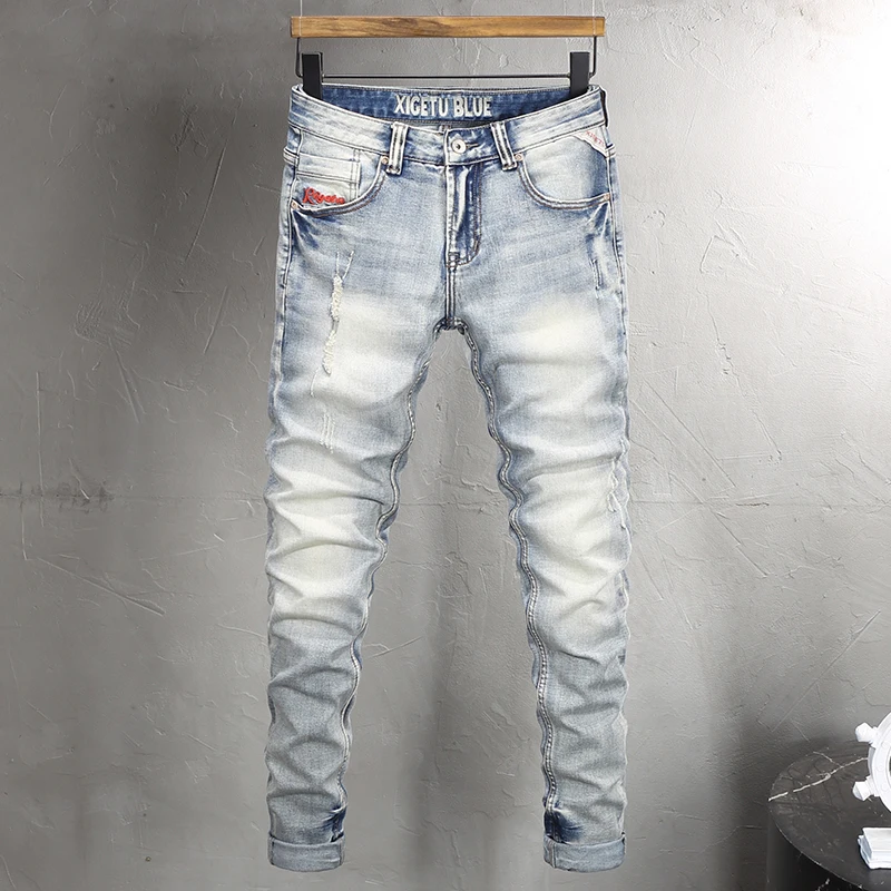 Top Trends: Fashion Designer Men Jeans Retro Light Blue Elastic Stretch Slim Fit Ripped Jeans Men Embroidery Vintage Denim Pants Hombre Shoppable Styles