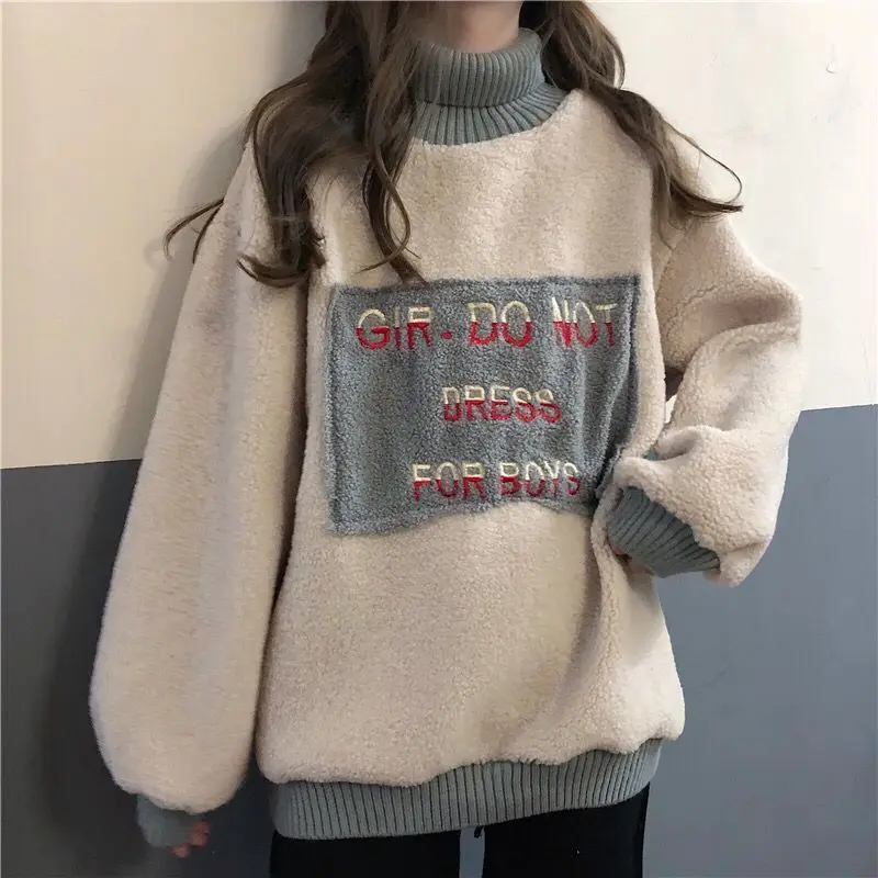 Top Trends: Autumn And Winter Women&#039;s High Neck Long Sleeve Panel Letter Fleece Loose Pullovers Fashion Korean Casual Office Lady Tops Shoppable Styles