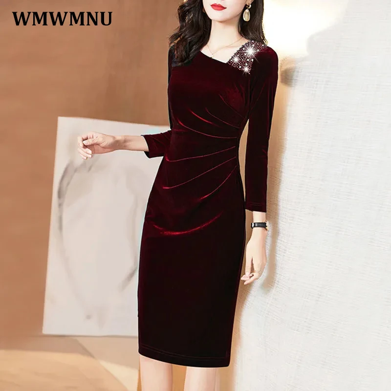 Top Trends: Vintage Diamonds Velvet Evening Party Dress Women Elegant Slim Long Sleeve Pleated Midi Dresses Spring Autumn Korean Vestidos Shoppable Styles