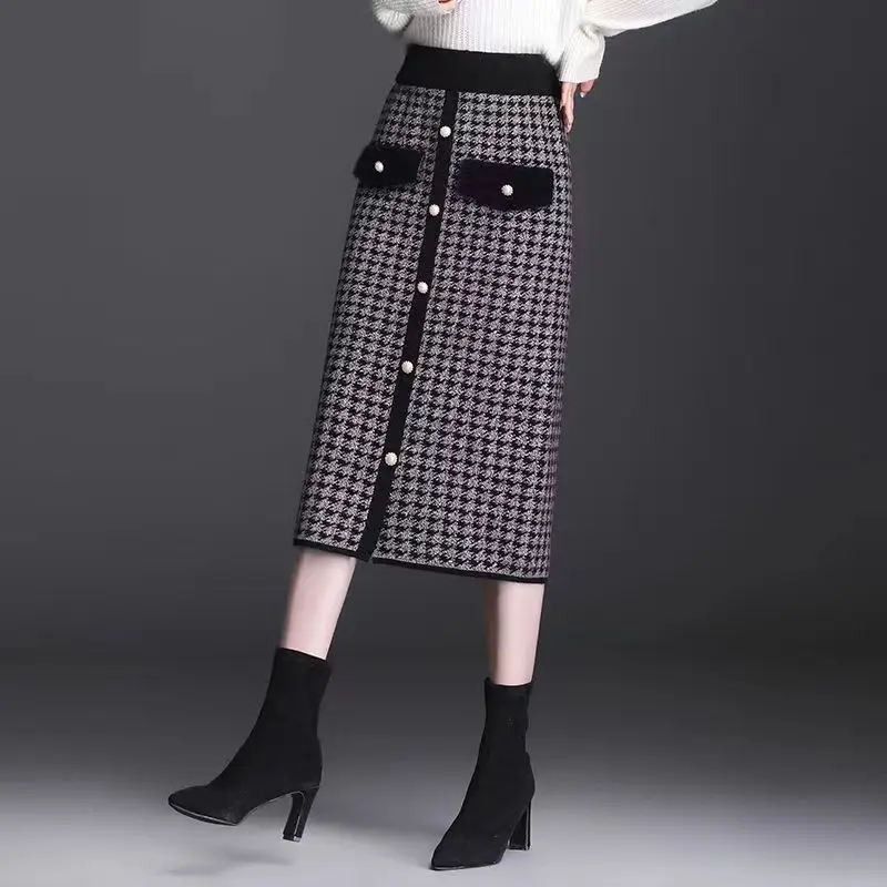 Top Trends: Autumn Winter New High Waist Plaid Knitting A-line Skirt All-match Patchwork Vintage Hip Skirt Fashion Elegant Women Clothing Shoppable Styles