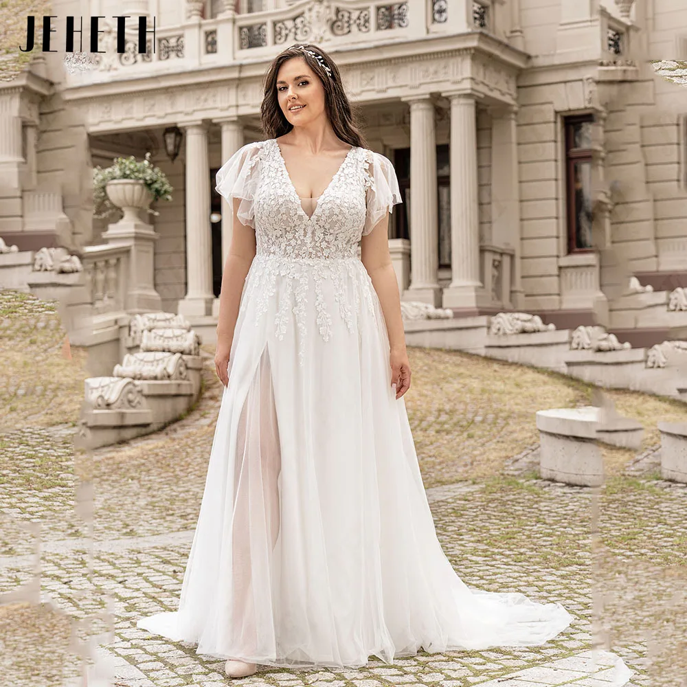 Top Trends: JEHETH Classic Oversize Pastrol Wedding Dresses For Woman Side Split A-Line Bride Gowns Applique Deep V-Neck Vestidos De Novia Shoppable Styles