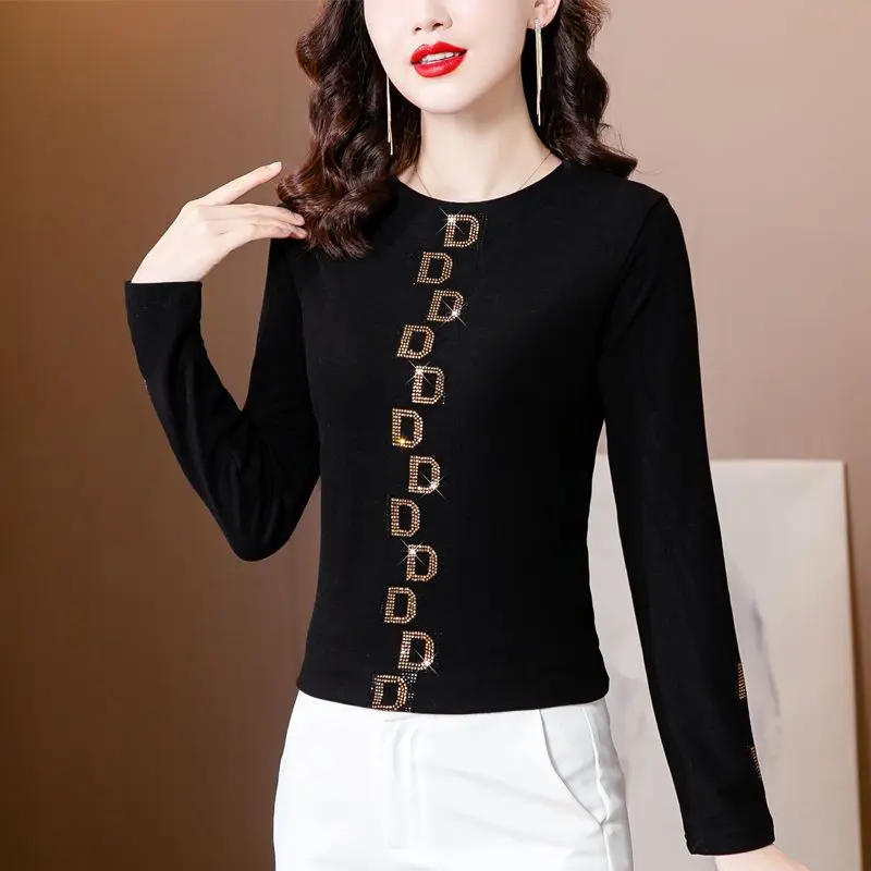 Top Trends: Office Lady Fashion Solid Color T-shirt All-match Letter Chic Diamonds Korean Standard Round Neck Basic Long Sleeve Pullovers Shoppable Styles - Image 2