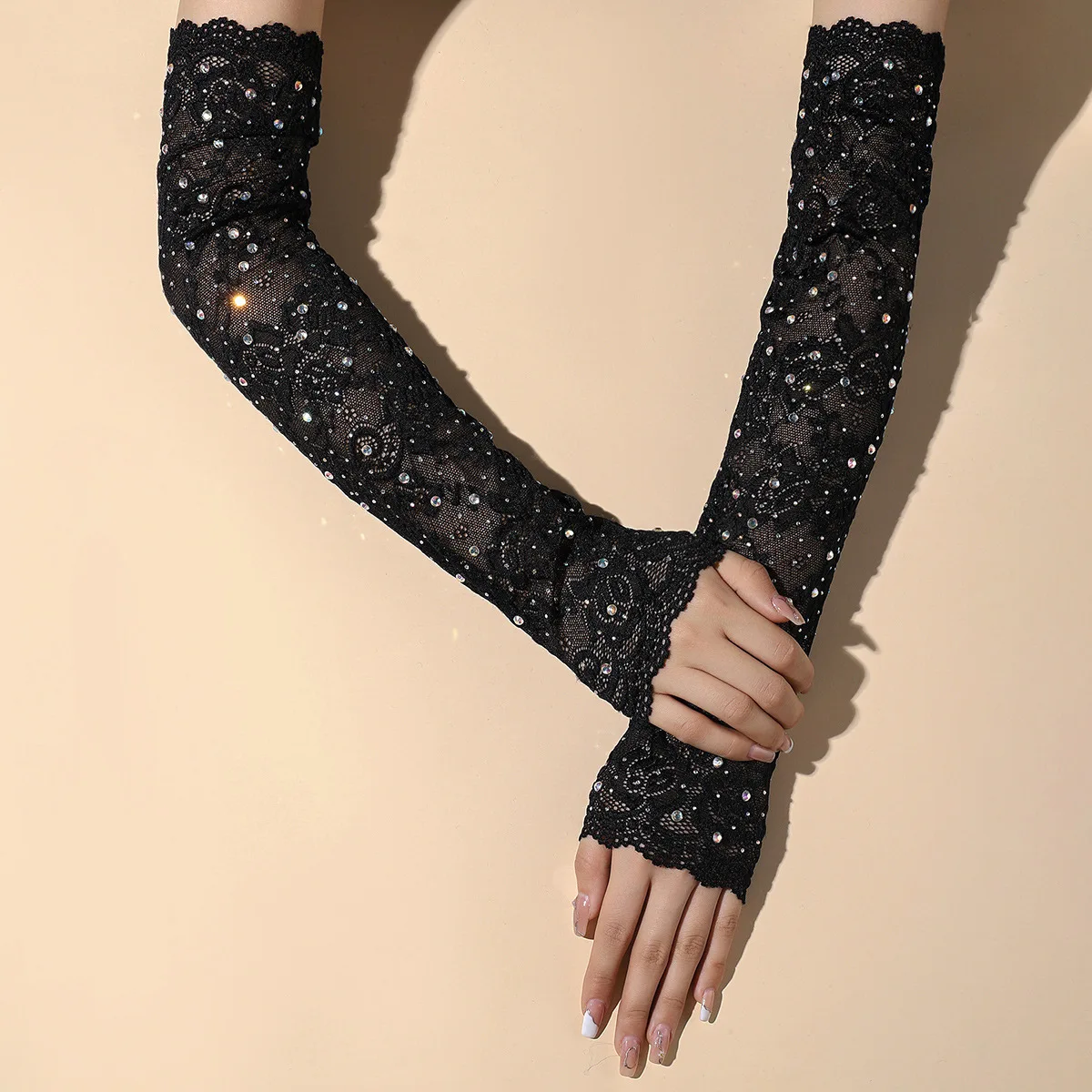 Top Trends: Vintage Sexy Lace Gloves Mesh Long Sleeve Hollow Mesh Rhinestones Nightclub Fingerless Arm Sleeves Driving Sunscreen Mittens Shoppable Styles