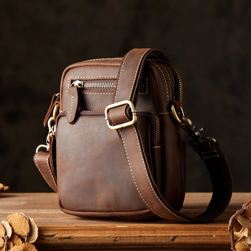 Top Trends: Retro Crazy Horse Leather Men's Shoulder Bag Casual Small Crossbody Bag Handmade Genuine Leather Phone Bag Messenger Bag Shoppable Styles