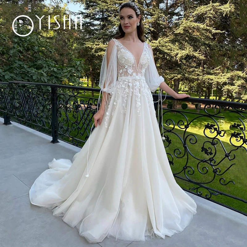 Top Trends: Oyisha A-Line 3 / 4 Sleeve Sexy Deep V-Neck Wedding Dress Open Back Boho Tulle Lace Appliquéd Bridal Gown Vestidos De Fiesta Novia Shoppable Styles