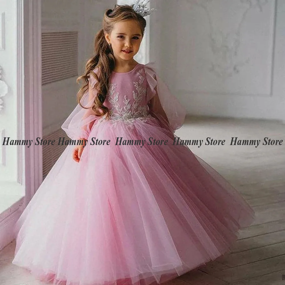 Top Trends: Pink Princess Flower Girl Dress Puff Sleeves Round Neck Illusion Beading Party Dresses Ball Gown First Communion Shoppable Styles