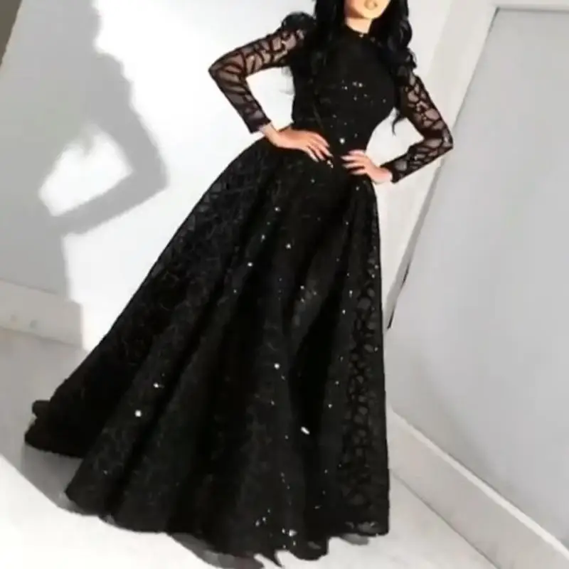 Top Trends: 2022New Design Ladies Lace Evening Gown Black Sequin Ball Gown Elegant Long-sleeved Evening Dress Wedding Bridesmaid Guest Dress Shoppable Styles