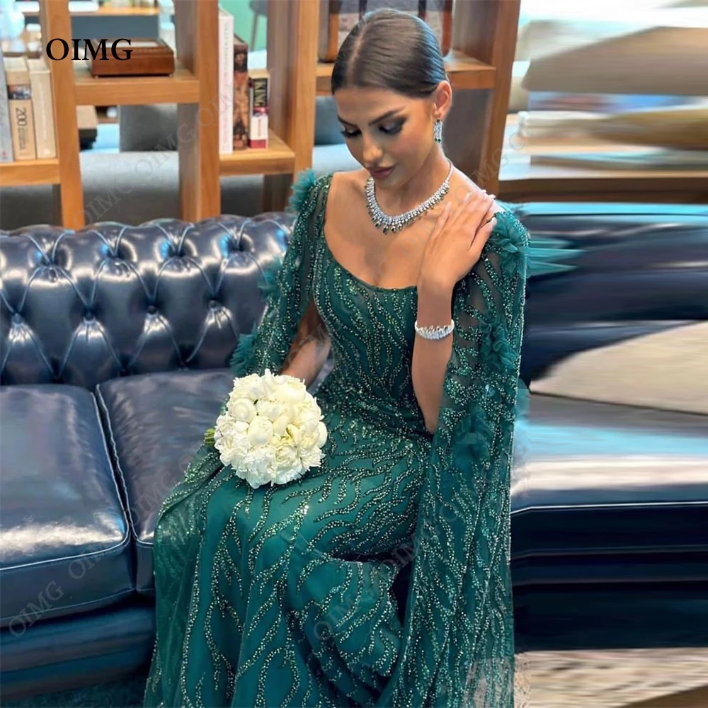 Top Trends: OIMG Green Shiny Sequins Dubai Evening Dresses Arabic Women Sparkly Beads Long Cape Sleeves Prom Gowns Formal Party Dress Shoppable Styles