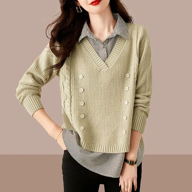 Top Trends: Fashion Spliced Button Fake Two Pieces Striped Blouse Women's Clothing 2023 Autumn Winter Knitted Casual Tops Commute Shirts Shoppable Styles - Image 2