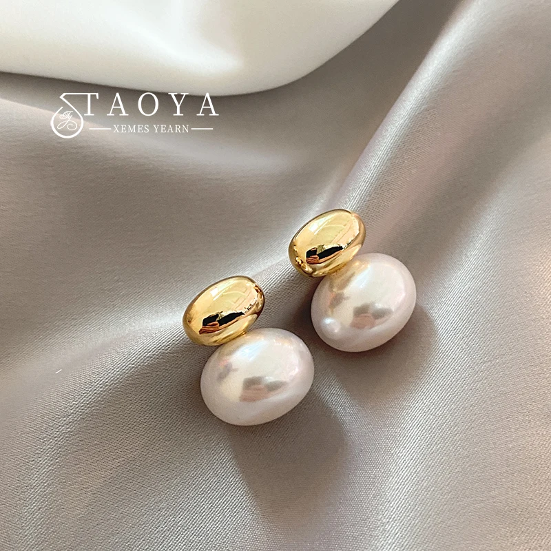 Top Trends: 2023 New French Elegant Gold Color Bean Spliced Flat Pearl Earrings For Korean Fashion Jewelry Party Women&#039;s Sweet Accessories Shoppable Styles