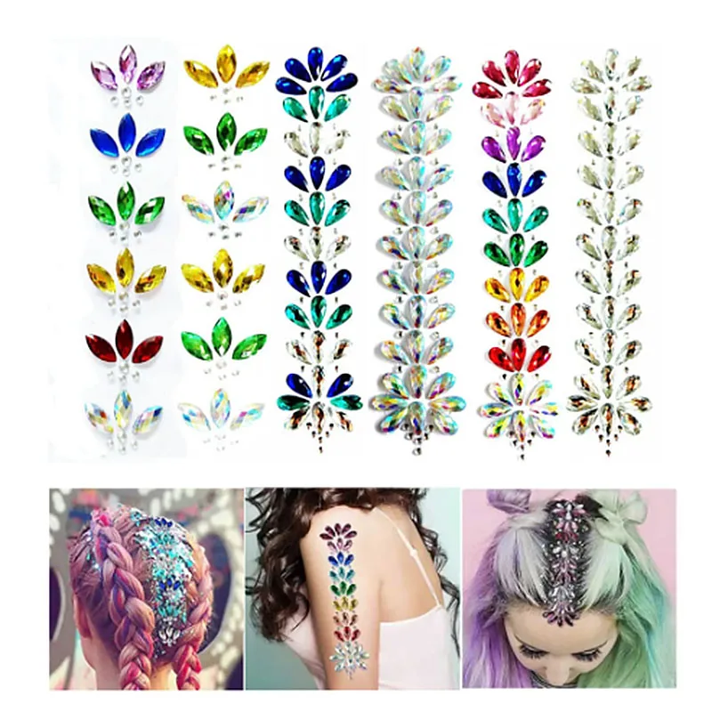 Top Trends: 3D Hair Jewels Glitter Face Body Gems Rhinestone Festival Shiny Crystal Forehead Headpiece Sticker Temporary Tattoo Stickers Hot Shoppable Styles