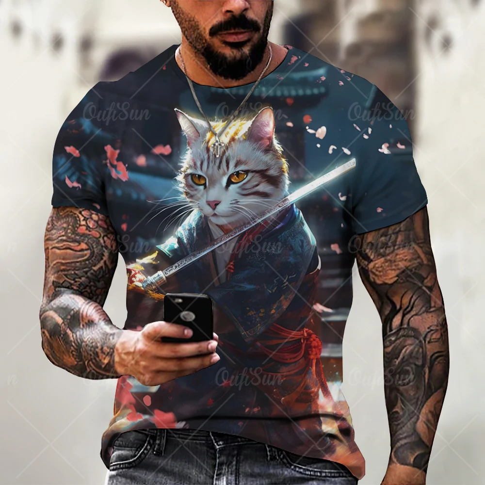 Top Trends: Japanese Samurai Cat Printed Men&#039;s T Shirts Funny 3D Animal Graphic T-Shirts ​Summer Casual O-neck Loose Tops Short Sleeve Tees Shoppable Styles