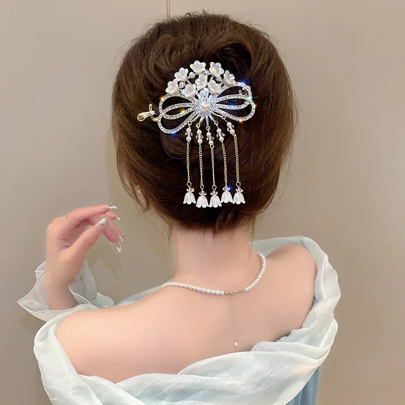 Top Trends: New Retro Bell Orchid Flower Hair Clip Women Bowknot Tassel Hair Claw Girls Elegant Crystal Ponytail Buckle Hair Accessories Shoppable Styles