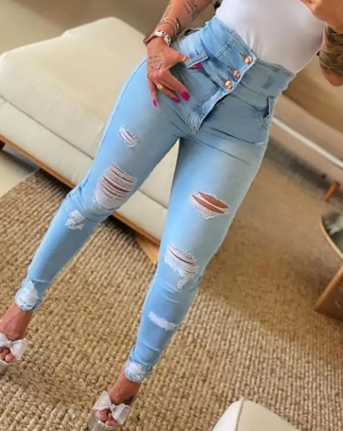 Top Trends: Women Fashion Stretch Ripped Distressed Skinny High Waist Denim Pants Trousers Slim Jeggings Ladies Spring Autumn Wear Shoppable Styles