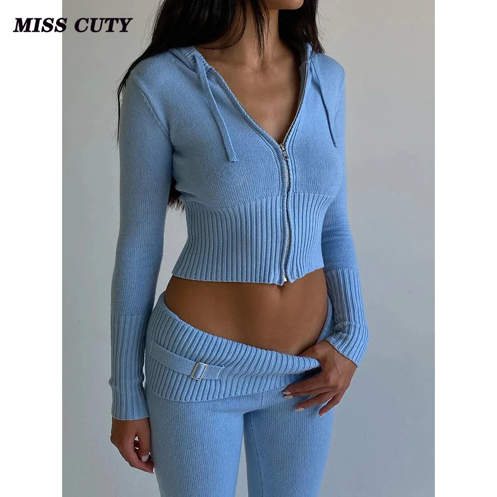 Top Trends: Solid Knitted 2 Piece Sets Women Tracksuit 2023 Winter Zip Up Hoodies Sweater Jackets Crop Top 2 Piece Pants Matching Outfits Shoppable Styles