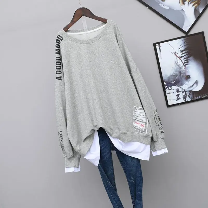 Top Trends: Spring And Autumn Women's Pullover Round Neck Letter Splice Fake Two Pieces Medium Length Loose Fashion Casual Long Sleeve Top Shoppable Styles