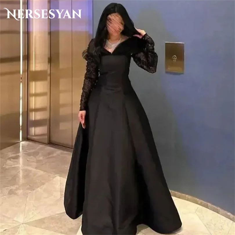 Top Trends: Nersesyan Fashion Black Satin Formal Evening Dresses Glitter Sequins Tulle Long Sleeves Party Dress Draped A Line Prom Gowns Shoppable Styles