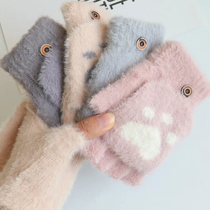 Top Trends: New Women Girls Lovely Winter Mink Warm Fingerless Gloves Girls Fluffy Bear Cat Plush Paw Claw Half Finger Gloves Mittens Gifts Shoppable Styles