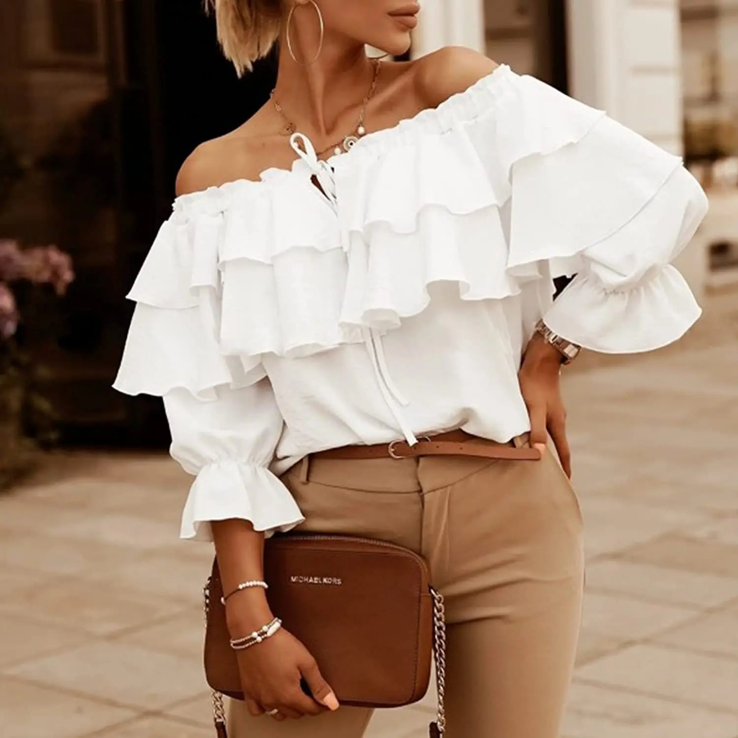 Top Trends: 2024 Spring Chiffon Women's Blouses Off The Shoulder Ruffle Elegant White Shirts Female Spring Elegant Fashion Office Ladies Top Shoppable Styles