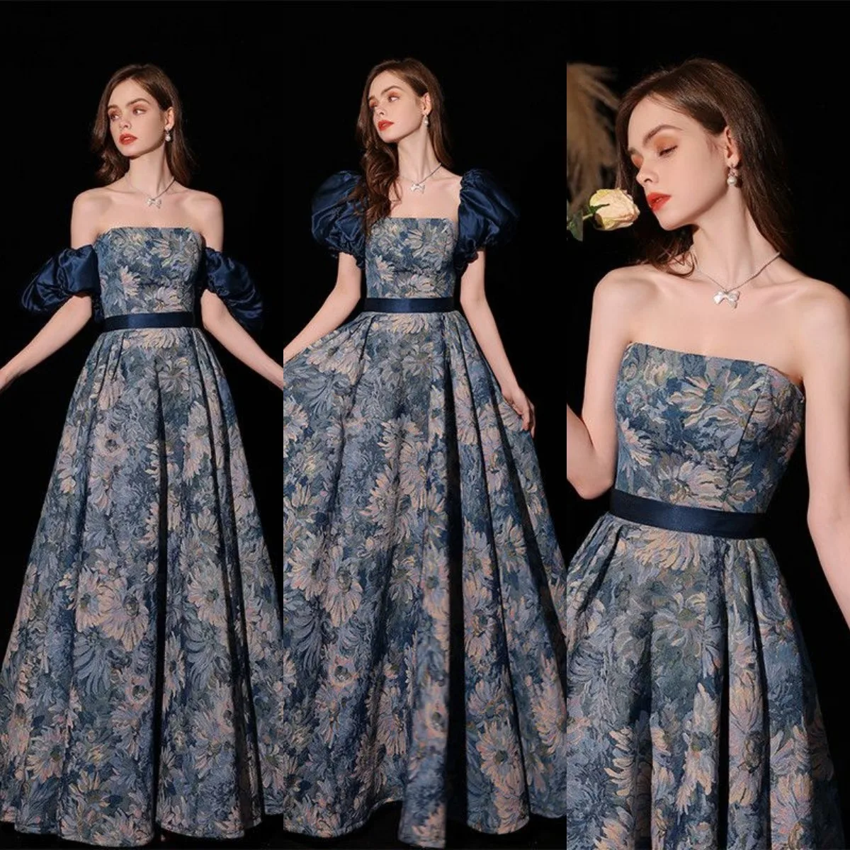 Top Trends: 100% Real Photo Prom Dress Blue Flower Pattern A Line Princess Party Evening Dress With Detachable Sleeves Robe De Mariée Shoppable Styles