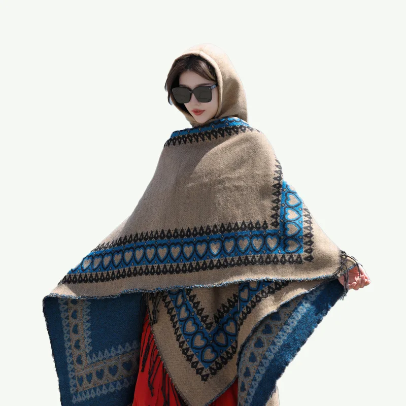 Top Trends: Poncho Woman Vintage Love Long Fringed Shawl 2023 Winter Stripe Split Thermal Scarf Hooded Double Sided Cloak Pashimina Shoppable Styles - Image 6