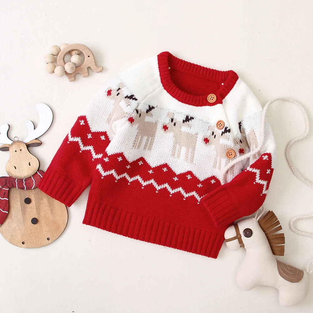 Top Trends: Baby Boys Knitted Sweater Elk Print Red Christmas Tops Tees Long Sleeve Winter Warm Casual Clothes 0-2 Years Girls Xmas Costume Shoppable Styles