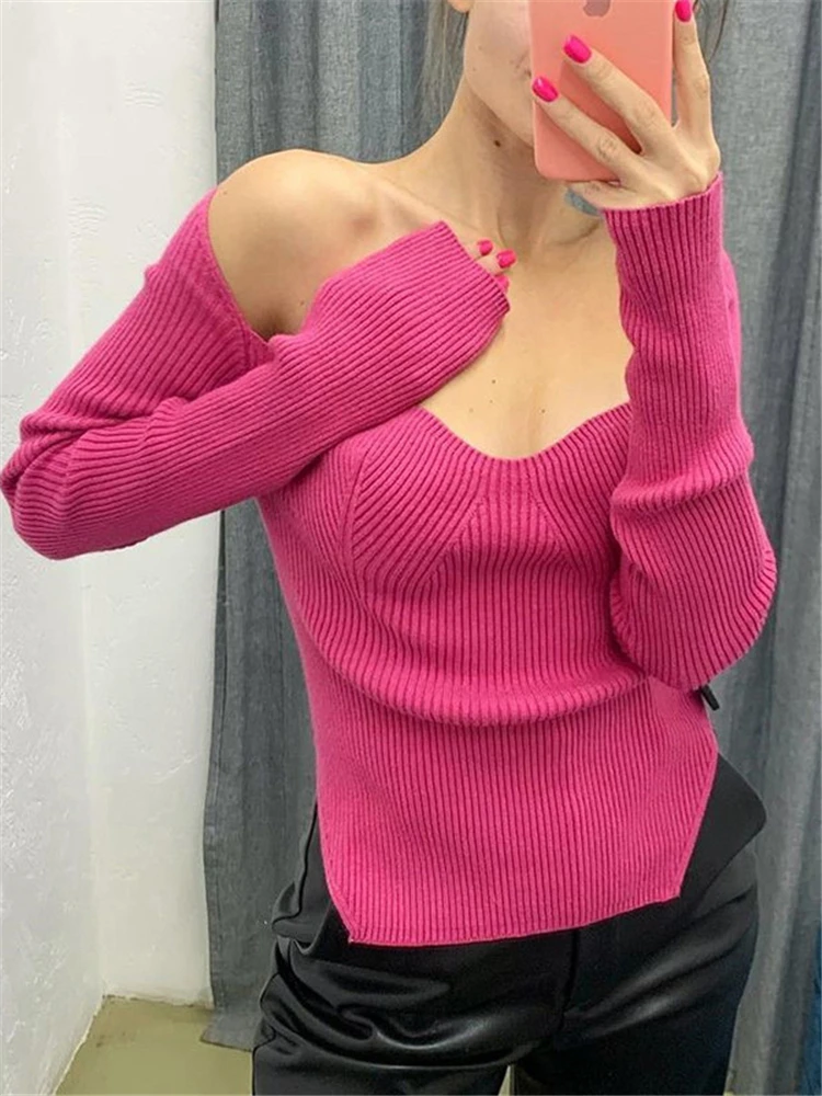 Top Trends: Tossy Long Sleeve Sweater 2022 Autumn Women Knit Ribbed Top Ladies Casual Knitted Tops Pullover Off-Shoulder Knitwear Black Shoppable Styles