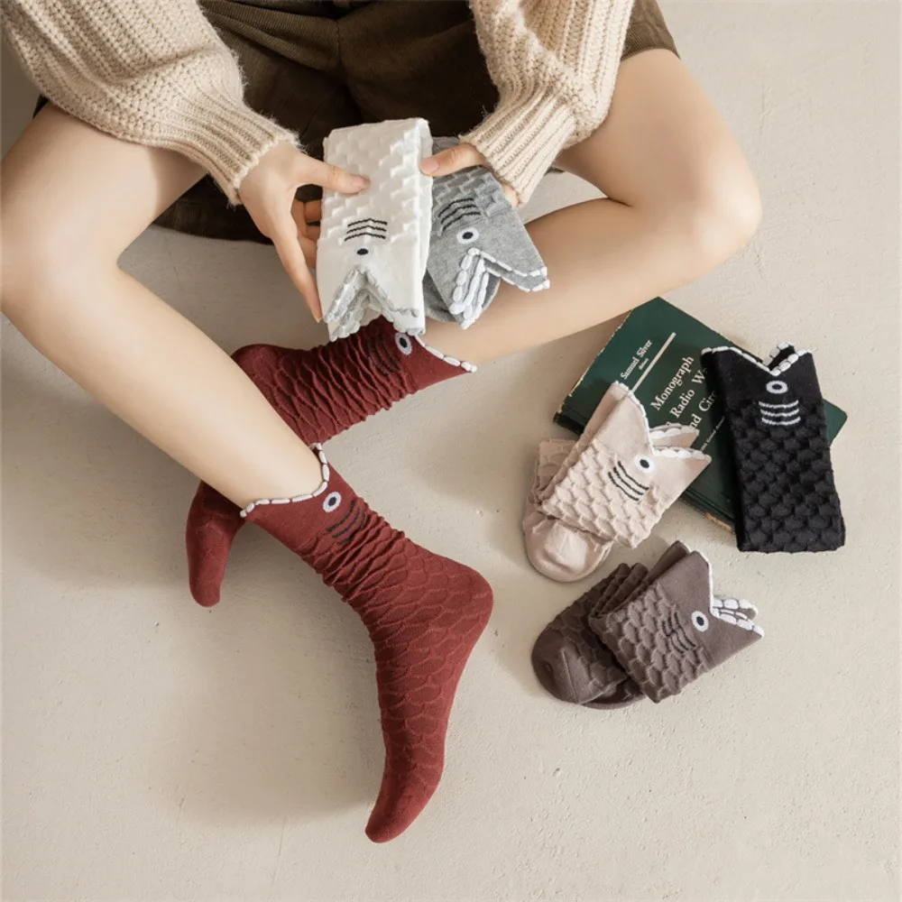 Top Trends: Casual Warm For Women Solid Color Shark Socks Simple Knitted Socks Cotton Middle Tube Hosiery Cartoon Socks Shoppable Styles