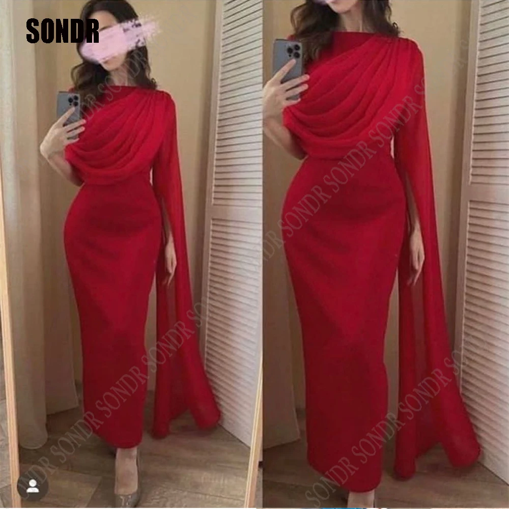 Top Trends: SONDR Simple Red Dubai Arabic Emerald Draped Chiffon Satin Evening Dresses One Long Sleeve Ankle Length Formal Party Prom Gowns Shoppable Styles