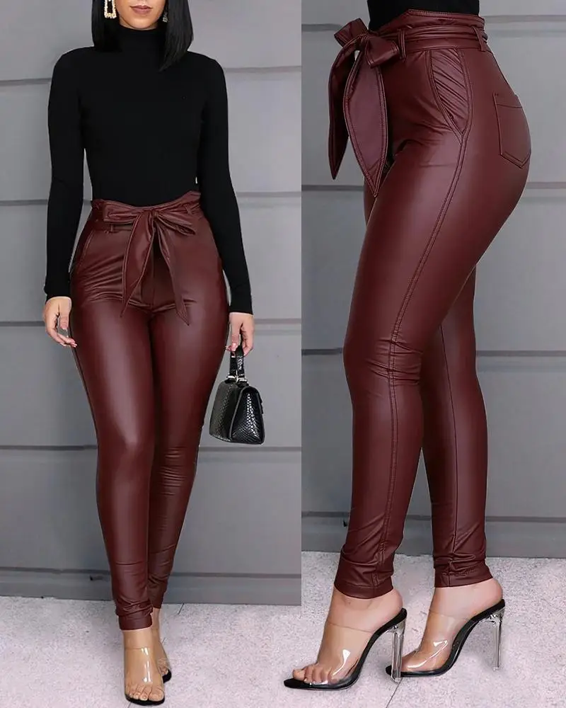 Top Trends: Women's PU Leather Bodycon Trousers High Waist Bow Long Pants Casual Office High Street Fashion Skinny Clothes Summer 2023 New Shoppable Styles