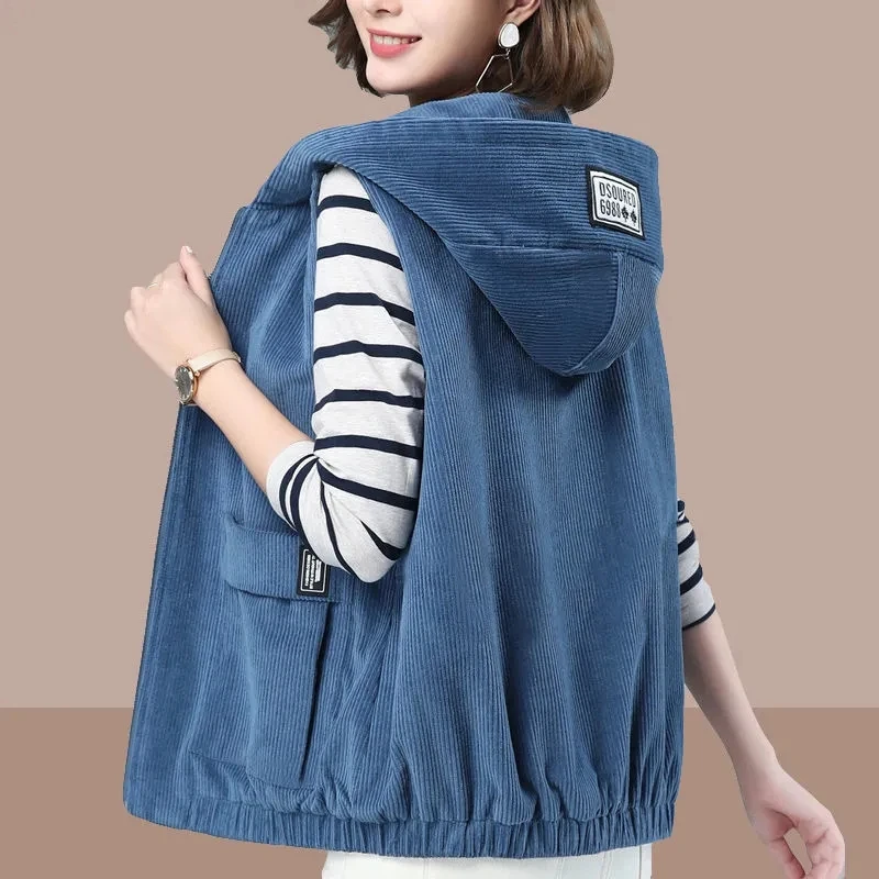 Top Trends: New 2023 Women Spring Autumn Corduroy Short Waistcoats Female Hooded Korean Version All-Match Loose Jacket Ladies Casual Outwear Shoppable Styles