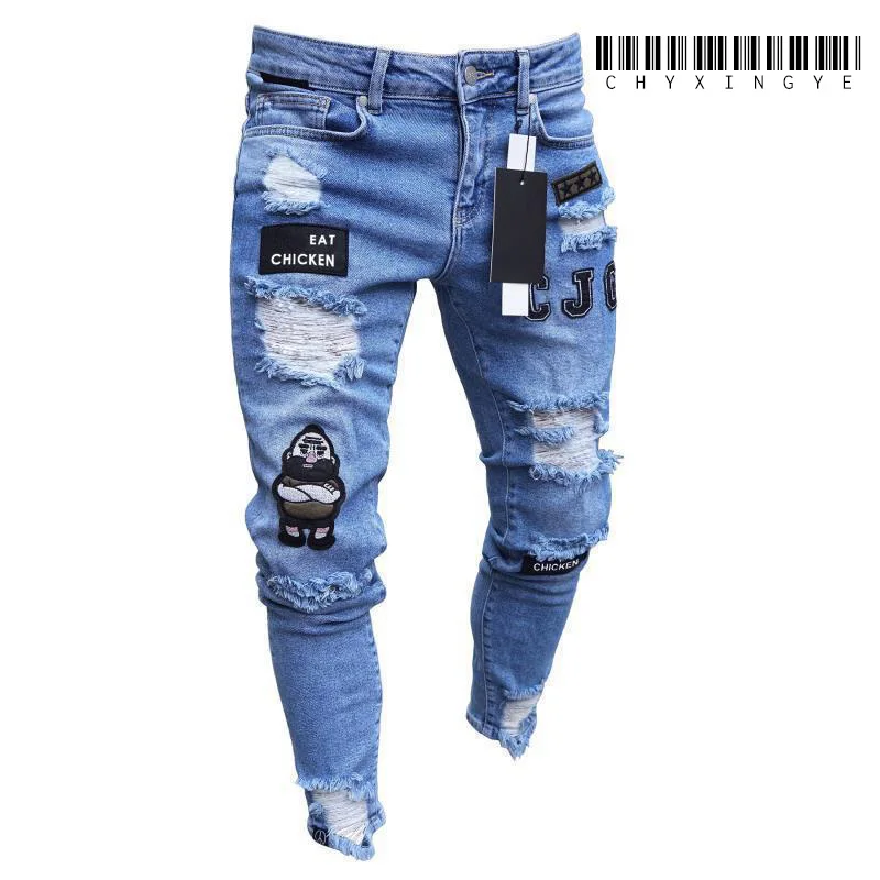 Top Trends: 2023 White Embroidery Skinny Ripped Jeans Men Cotton Stretchy Slim Fit Hip Hop Denim Pants Casual Jeans For Men Jogging Trousers Shoppable Styles