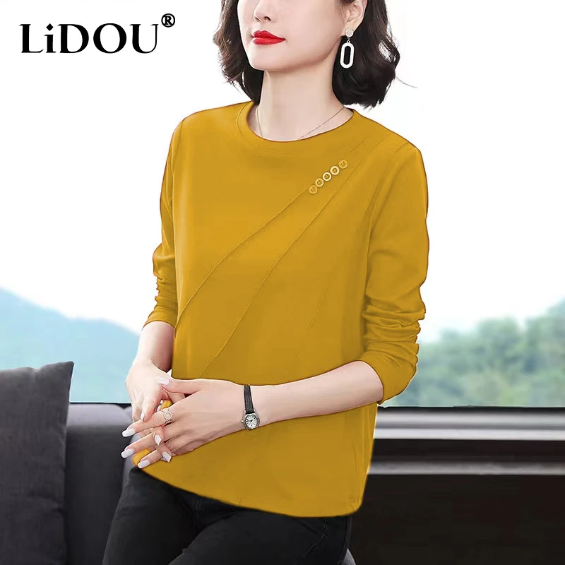 Top Trends: 2023 Spring Autumn New Solid Color Fashion Round Neck Long Sleeve T-Shirts Women Casual Loose Button Elegant All-match Pullovers Shoppable Styles