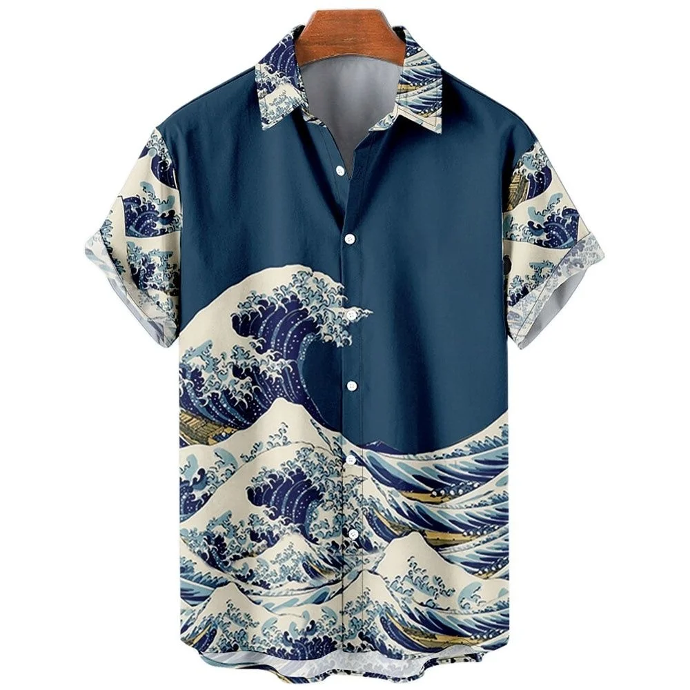 Top Trends: Men's Hawaiian Shirts 3D Printed Short Sleeves Casual Lapel Beach Style Tops Top Retro Waves Imported-clothing Fashion Shoppable Styles - Image 2