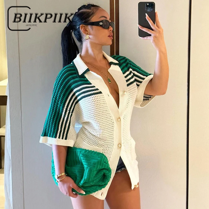 Top Trends: BIIKPIIK Fashion Striped Patchwork Long Tee Button Sexy Female Dresses Turn Down Collar Body-shape Knit Streetwear Slim Outfits Shoppable Styles