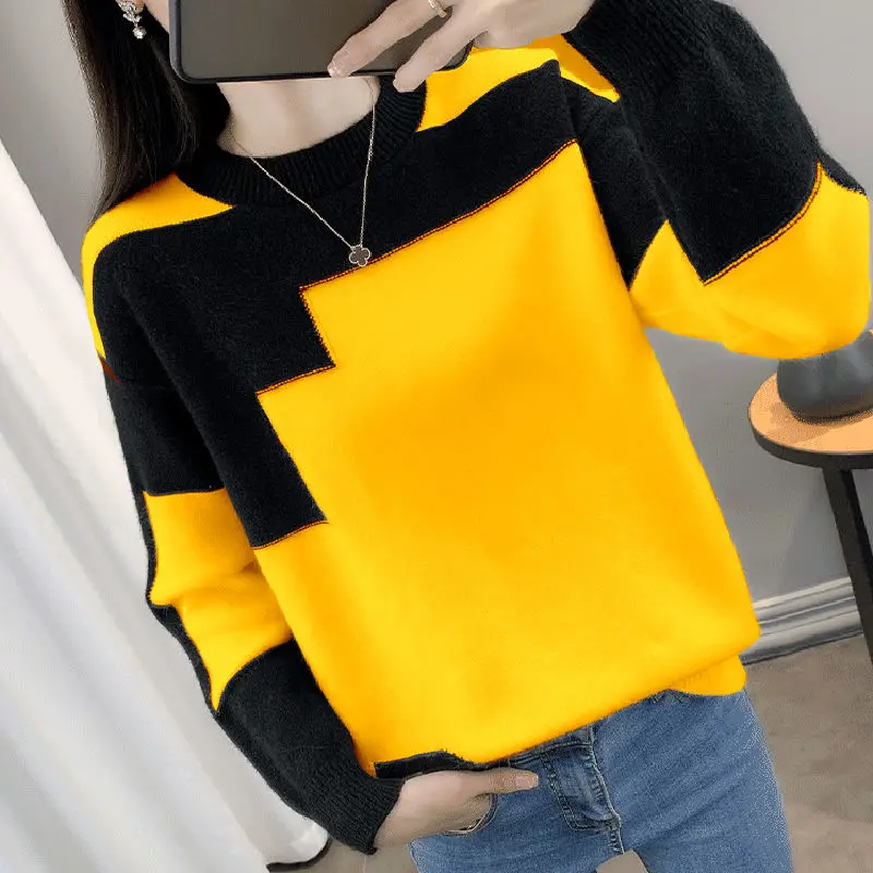 Top Trends: Fashion O-Neck Spliced Loose Korean Sweaters Female Clothing 2023 Autumn Winter Oversized All-match Pullovers Casual Tops Shoppable Styles