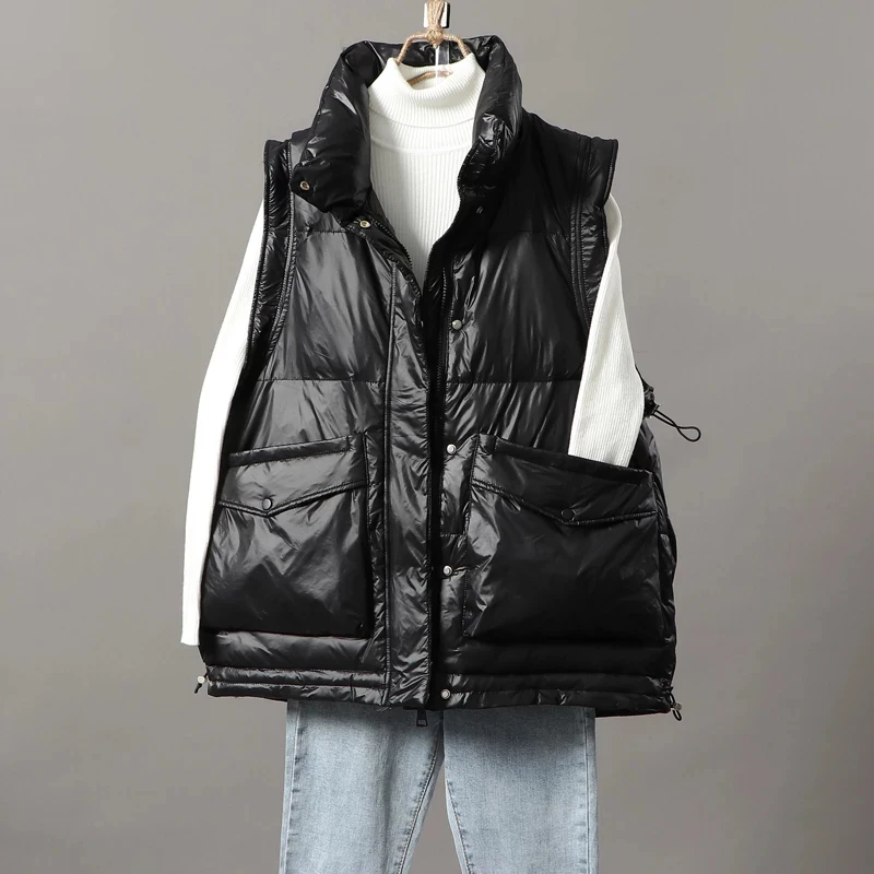 Top Trends: Winter Loose Short Vest Jacket Women Down Cotton Waistcoat Glossy Stand Collar Puffer Coat Female Warm Sleeveless Jacket Outwear Shoppable Styles