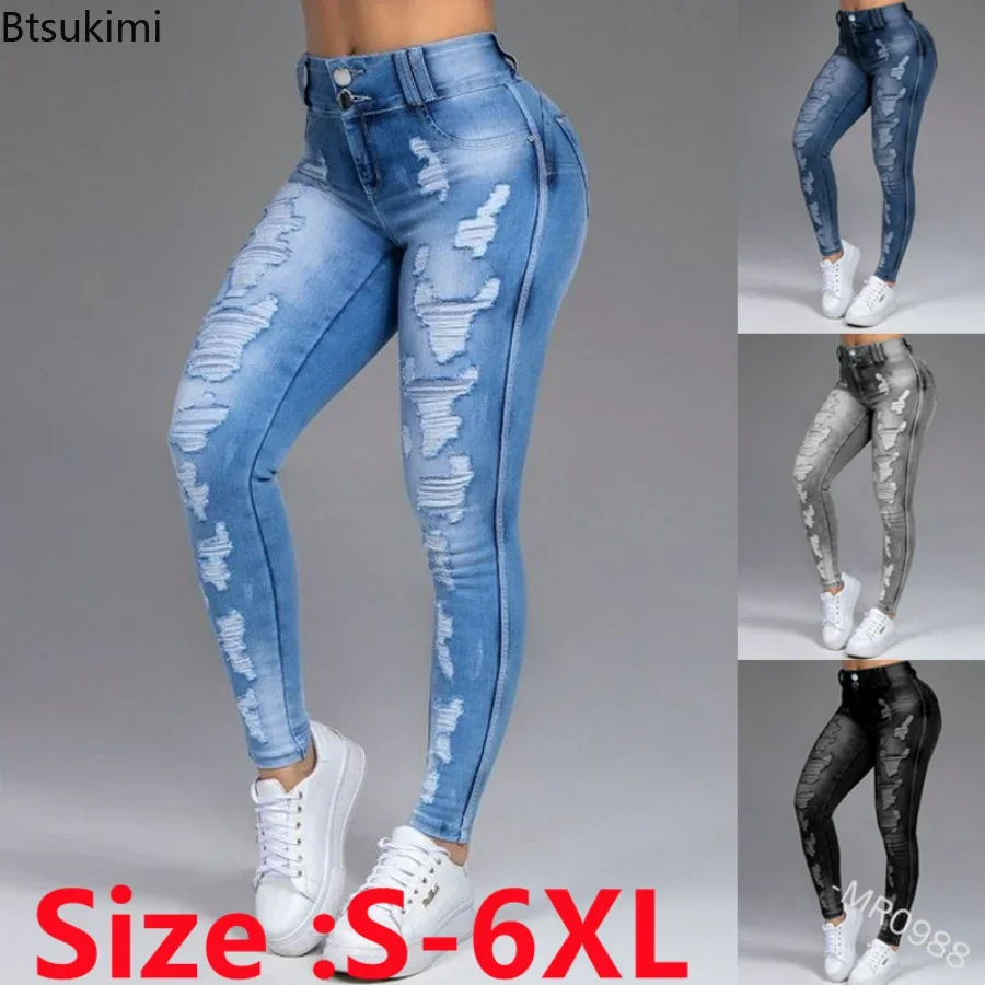 Top Trends: Plus Size 5XL 6XL Women Vintage Mid Waist Skinny Jeans Distressed Denim Pants Crimped Destroyed Pencil Pants Casual Jeans Woman Shoppable Styles