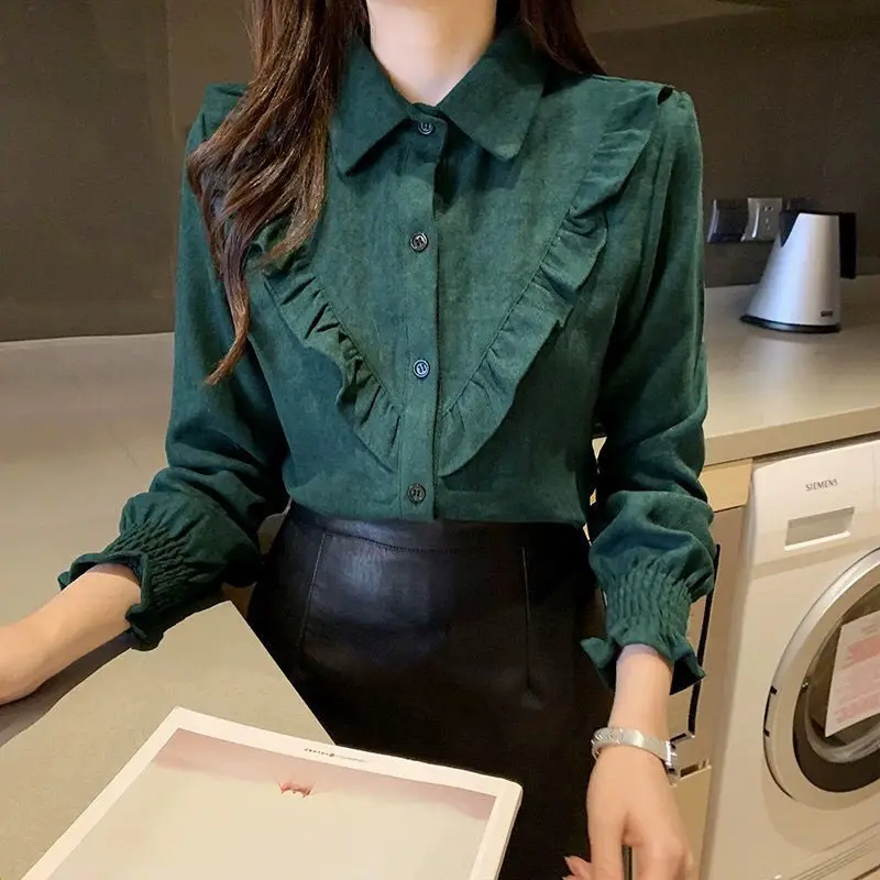 Top Trends: Solid Thin Sweet Blouses Ruffles Patchwork Button Turn-down Collar Pleated Vintage Temperament Autumn Winter Women's Clothing Shoppable Styles - Image 4