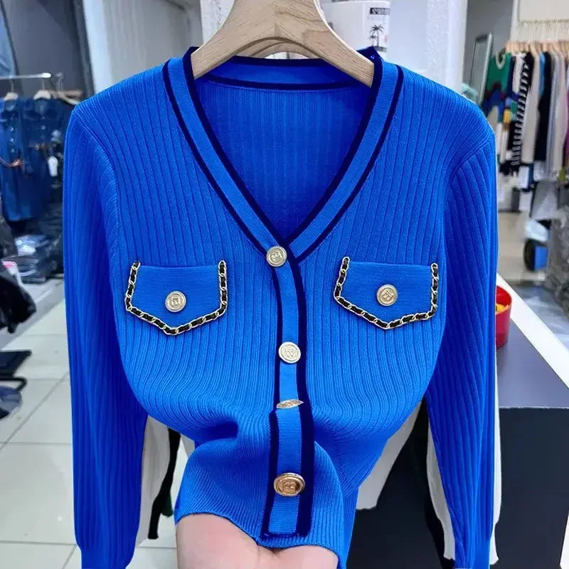 Top Trends: Spring Autumn New Temperament V Neck Knitting Slim Short Sweaters Long Sleeve Button Pullovers Fashion Elegant Women Clothing Shoppable Styles