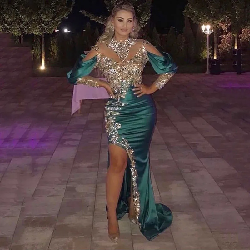 Top Trends: SoDigne Green Long Sleeves Mermaid Prom Dress Beading Appliques Lace Evening Dresses Sexy Slit Formal Party Gowns Shoppable Styles