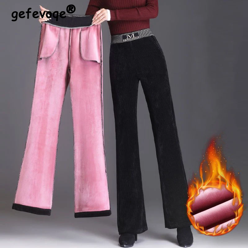 Top Trends: Autumn Winter New Elegant Fashion Office Lady Fleece Thick Warm Trousers Women's High Waist Slim Comfortable Outer Flared Pants Shoppable Styles