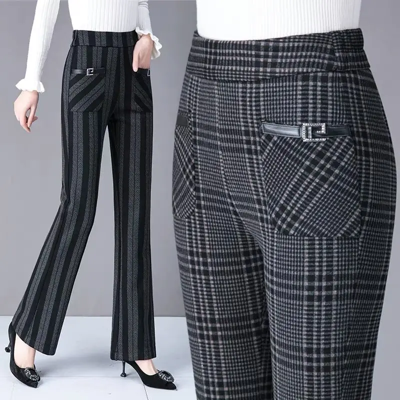 Top Trends: Office Lady Vintage Korean Fashion Flare Pants Spring Autumn Elastic High Waist Chic Pocket Loose Women Casual Straight Trousers Shoppable Styles