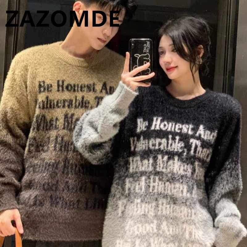 Top Trends: ZAZOMDE American Retro Youth Street Trend Letter Gradient Sweater Winter Warm Pullover Loose Couple Neck Couple Knitwear Sweater Shoppable Styles