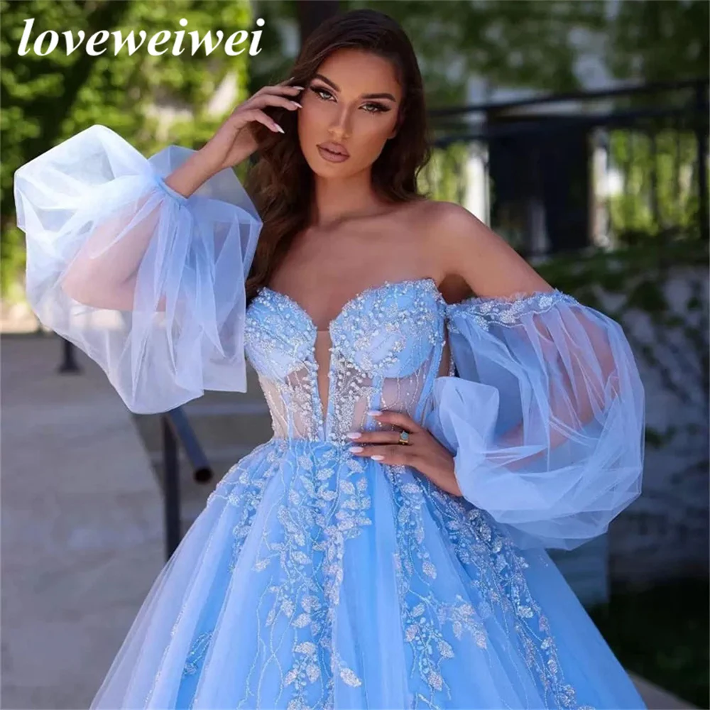 Top Trends: Charming Sky Blue Shiny Appliques Beaded Prom Dress Detachable Puff Sleeves Tulle Ball Gowns Corset Princess Evening Gown Dress Shoppable Styles - Image 4