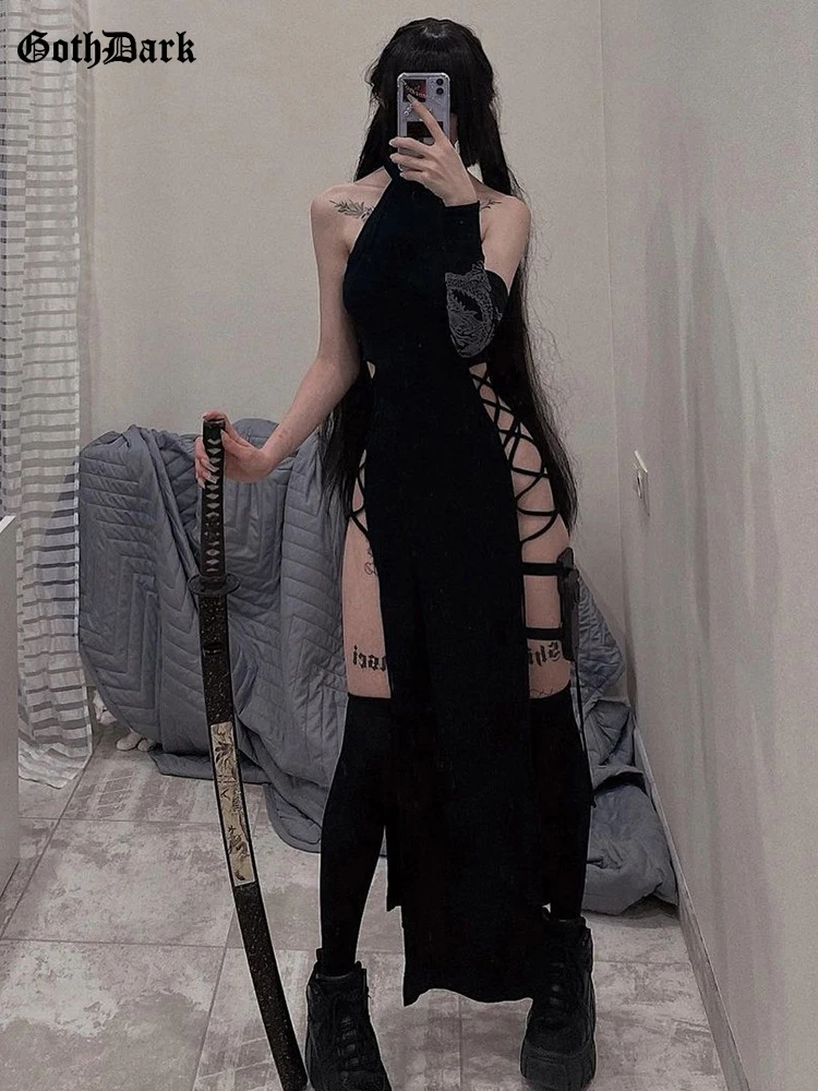 Top Trends: Goth Dark Cosplay High Split Sexy Bandage Women Dresses Y2K Mall Gothic Halter Slim Midi Dress Black Grunge Style Alt Partywear Shoppable Styles