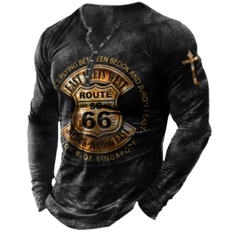 Top Trends: Vintage T-shirt For Men Cotton Tee Route 66 Graphic T Shirts 3D Printing Long Sleeve Tees V-Neck Oversized Men's Clothing Tops Shoppable Styles