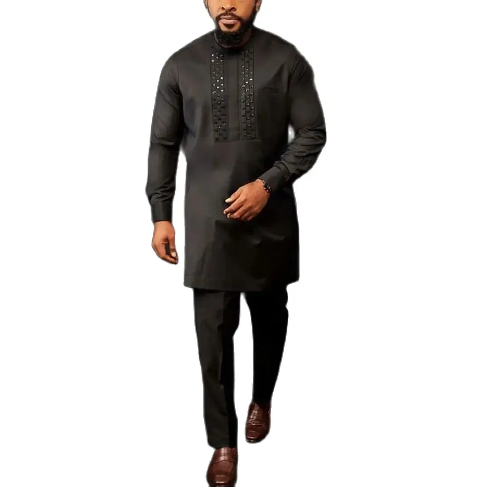 Top Trends: New Men's Elegant Suit Men's Pants Two-piece Set Round Neck Solid Color Stitching Long Sleeve Party Social Ethnic Dress Shoppable Styles - Image 3