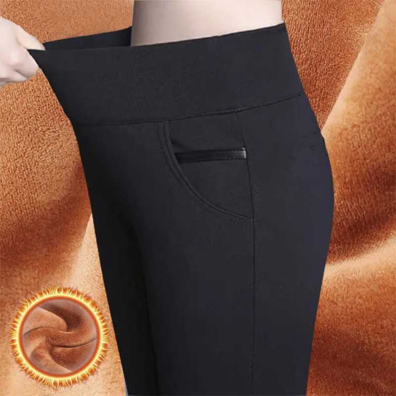 Top Trends: Office Lady Plus Fleece Slim Pencil Pants Autumn Winter Women Clothing High Waist Elastic Solid Korean Fashion Casual Trousers Shoppable Styles